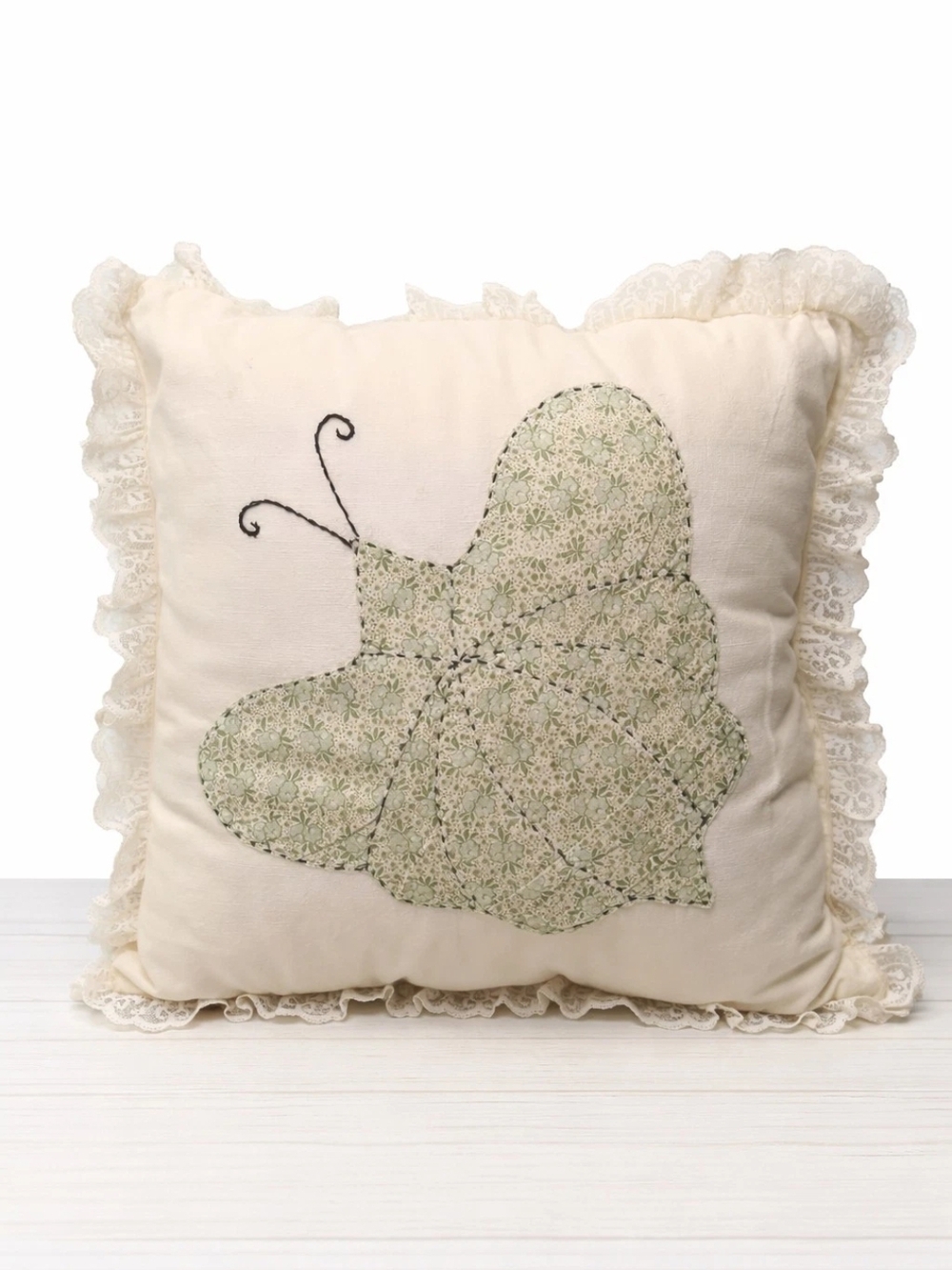 Vintage 1960s Handmade Lace Trim Pillow Butterfly Applique Cottage Decor